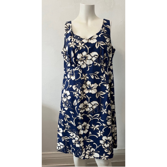 Hilo Hatter The Original Hawaiian Navy white hibiscus floral midi Dress Size 12 - Picture 1 of 6
